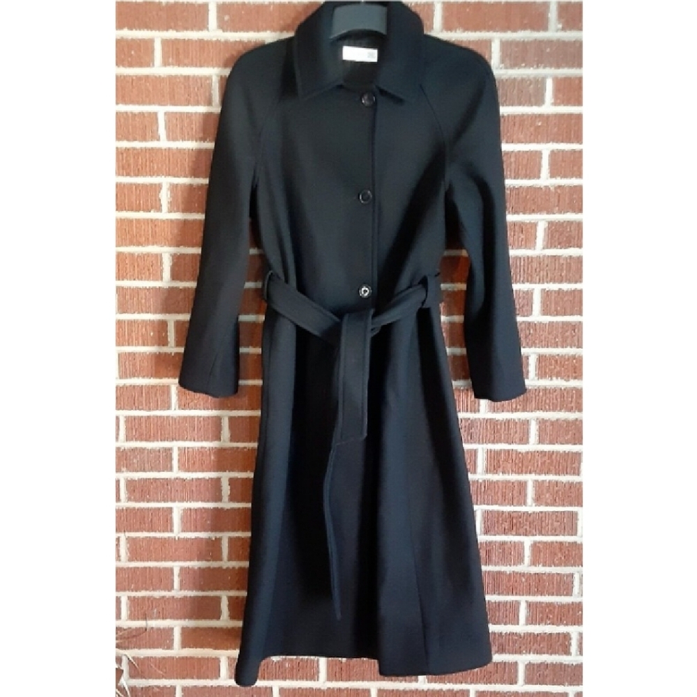 MNG Wool Blend Long Black Belted Winter Trench Coat